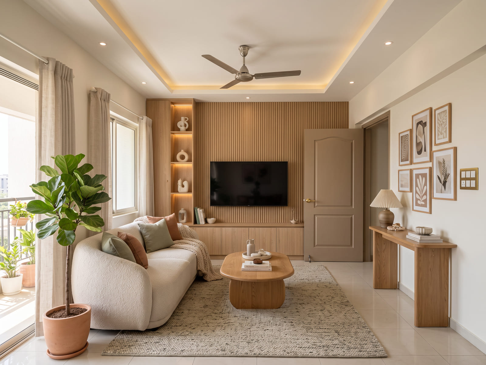 The same living room designed by Innterio AI in a contemporary style, with the walls, doors and windows unchanged